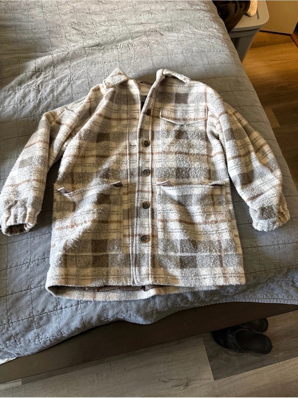 Universal Thread Plaid Shacket in Cream and Brown